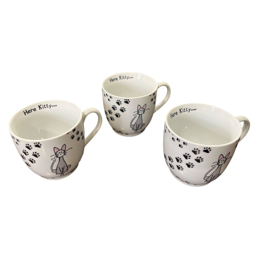 Zrike Everyday "Here Kitty" Mugs Porcelain Paw Print Cat Set Of 3 White Black - Picture 2 of 6